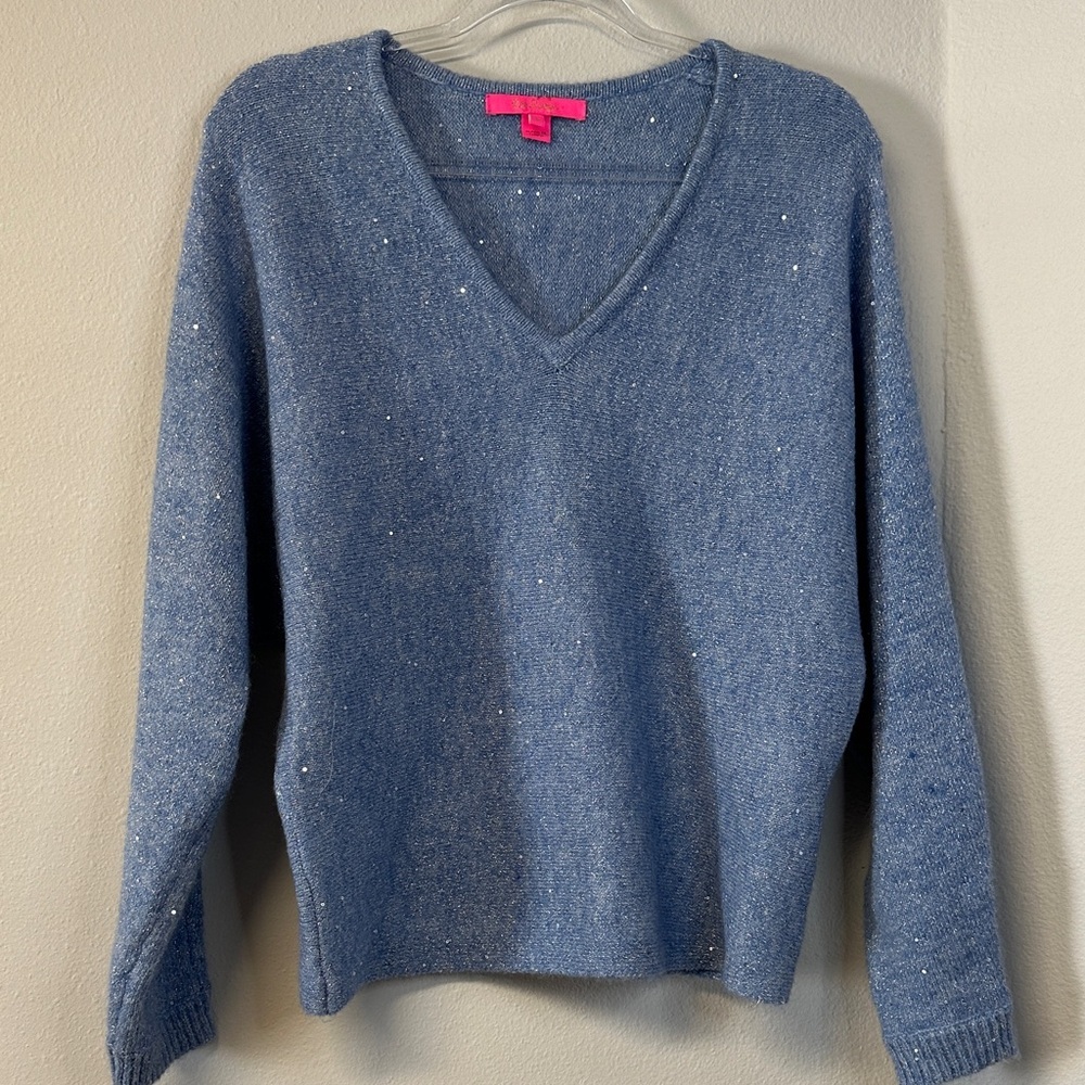 Lilly Pulitzer Savette Sequin Blue V-Neck Sweater Women's S EUC